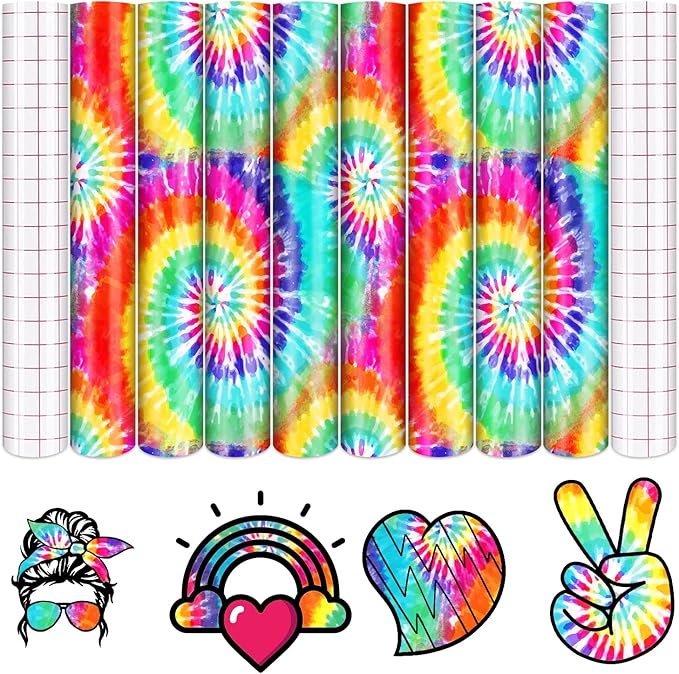 Tintnut Tie Dye Permanent Vinyl - 8 Sheets 12inchesx10inches Swirl Pattern Adhesive Vinyl Seamless Colorful Permanent Vinyl Sheets Self Adhesive Vinyl Compatible with Cricut or Silhouette, 871686