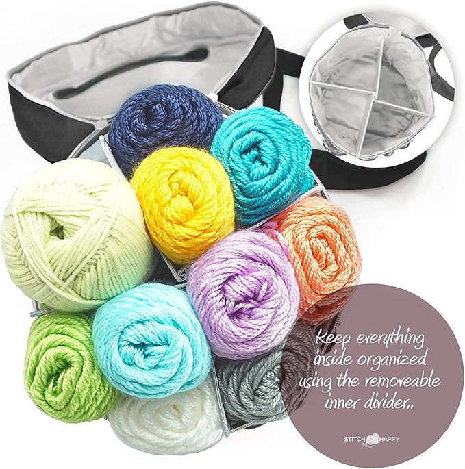 Designer Stitch Happy Crocheting Kit: 52 Piece Crochet Kit for Beginners & 7 Pocket Yarn Bag, Signature Yarn Storage - Black