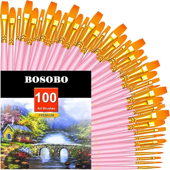 BOSOBO Paint Brushes Set, 10 Pack 100 Pcs Round Pointed Tip Paintbrushes Nylon Hair Artist Acrylic Paint Brushes for Acrylic Oil Watercolor, Face Nail Art, Miniature Detailing & Rock Painting, Pink