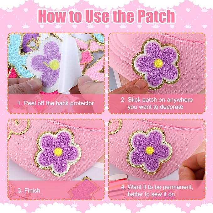 72 Pcs Preppy Chenille Patches Self Adhesive Embroidered for DIY Clothing,Include 52 A-Z Chenille Letter Patches Stickers,20 Rainbow Flower Lighting Bowknot Stick on Backpack Patches for Bags Hats