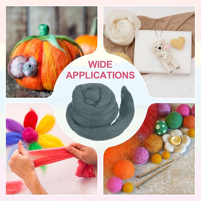 MECCANIXITY Wool Roving Yarn Soft Felting Wool 50g/1.76oz Pure Chunky Roving Yarn for Needle Felting Knitting Blanket Spinning Weaving Art DIY Craft Dark Grey