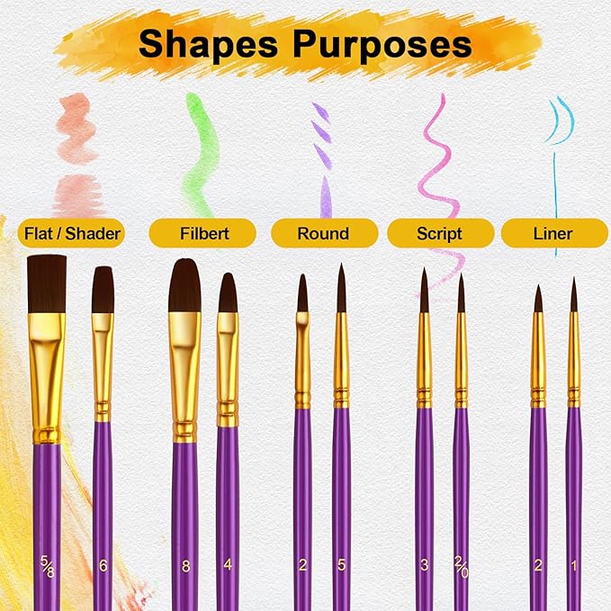 Acrylic Paint Brushes Set, 50Pcs Round Pointed Tip Artist Paintbrushes for Acrylic Painting Oil Watercolor Canvas Boards Rock Body Face Nail Art, Halloween Pumpkin Ceramic Crafts Supplies，Purple