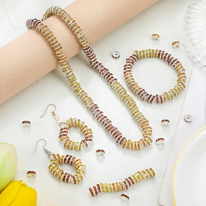 Ferreve 600 Pcs Fall Spacer Beads for Jewelry Making 8mm Yellow Brown Orange Rhinestone Crystal Spacer Beads for Beaded Pens DIY Thanksgiving Autumn Harvest Holiday Bracelet Necklace Gifts Crafts