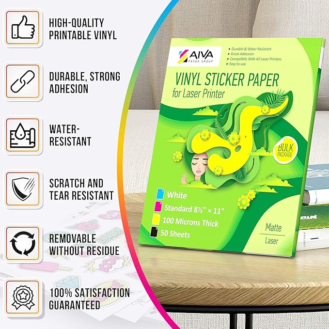 Printable Vinyl Sticker Paper for Laser Printer - Matte White - 50 Self-Adhesive Sheets - Waterproof Decal Paper - Standard Letter Size 8.5"x11"