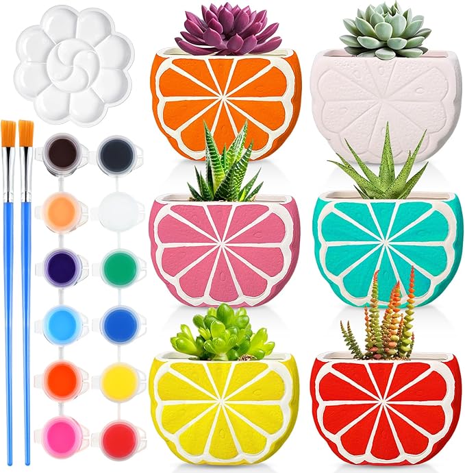 Pasimy 6 Set DIY Ceramic Succulent Planter Pots Paint Your Own Flower Pots Craft Kit Unpainted Bisque Paintable Flowerpot with Brush Palette Ready to Paint for Family Activity Gift(Orange)