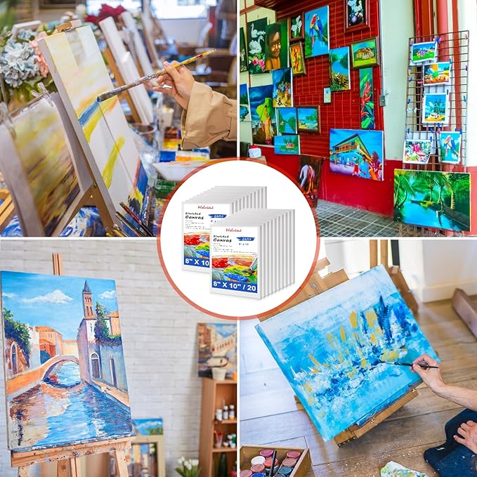Stretched Canvas for Painting - 8x10 Inch/20 Canvas Value Pack - Triple Primer Acid Free 100% Cotton Blank Canvas for Painting Supplies Oil and Acrylic Pouring Art Watercolor