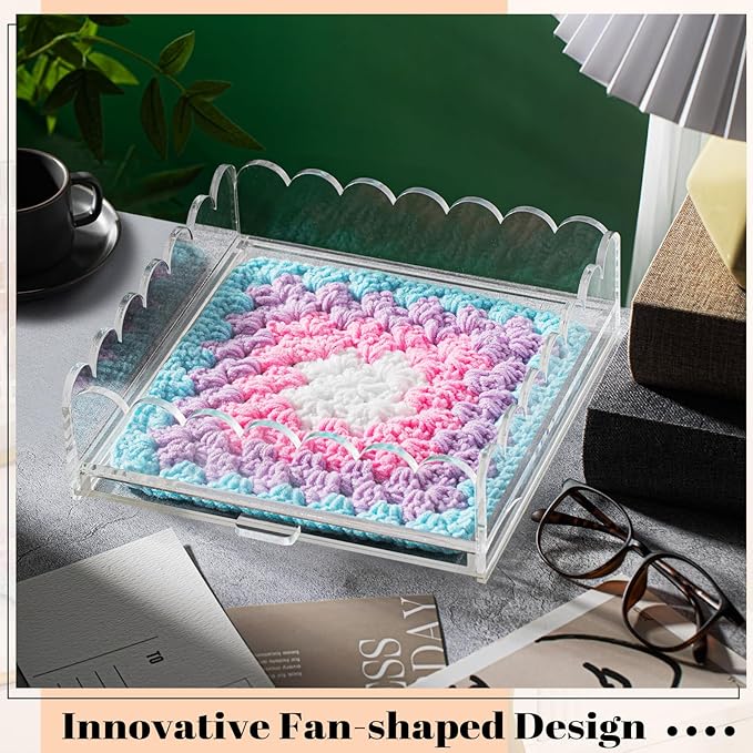 1 Pcs Acrylic Scalloped Tray Large Clear Acrylic Tray with Drawer for Insert Customizable Photos, Art, and Fabric Scalloped Basket for Needlepoint Napkin Frame Display Messages (10" X 10")