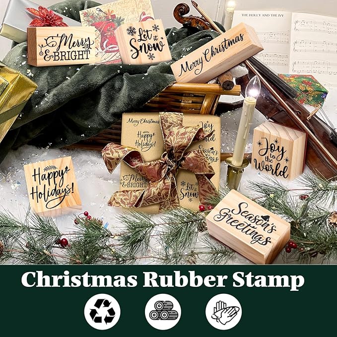 Watersay 6 Pcs Christmas Rubber Stamp Set Merry Christmas Wooden Rubber Stamp Snow Tree Stamps Vintage Wooden Rubber Art Stamps for Crafting and DIY Scrapbooking Card Making Hand Book(Word)