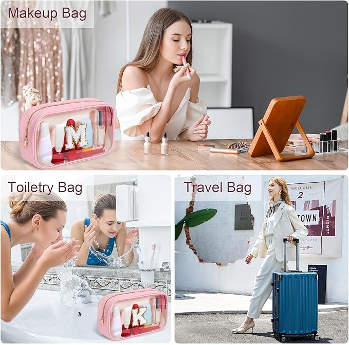 YOOLIFE Travel Clear Makeup Bag Toiletry Bag, Make up Bag Waterproof Toiletry Bags for Women Cosmetic Bag Preppy Stuff Birthday Gifts for Women Personalized Pink Mother Girlfriend Wife Gifts Letter G