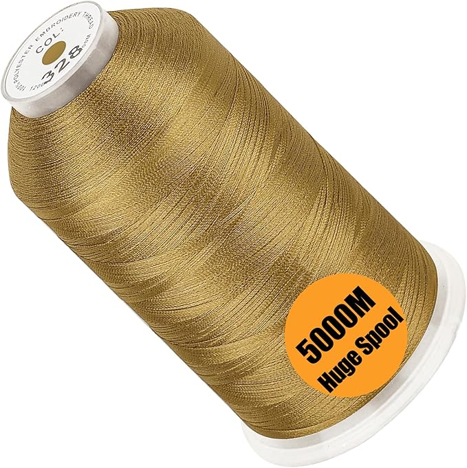 New brothread - Single Huge Spool 5000M Each Polyester Embroidery Machine Thread 40WT for Commercial and Domestic Machines - Brass