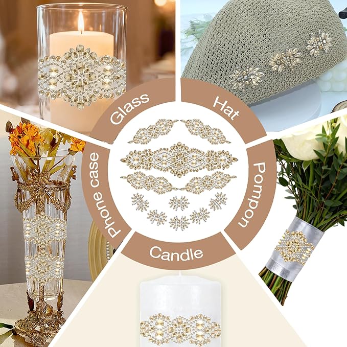 PEARLY JUN 11 Pcs Gold Rhinestone Applique Patches Pearl Rhinestone Patches Iron on Appliques for Dresses Hand Sewing Craft Projects DIY Wedding Clothes Shoes Hats Bags Embellishments