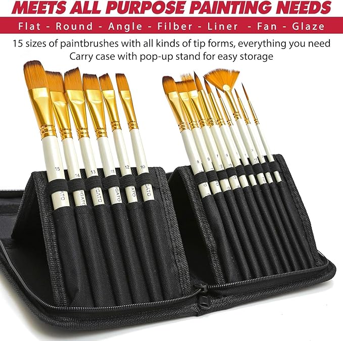 DUGATO 15pc Artist Paint Brush Set with Pop-Up Case, Palette Knife & Sponges - Nylon Hair for Acrylic, Oil, Watercolor, Gouache, Model & Craft Painting