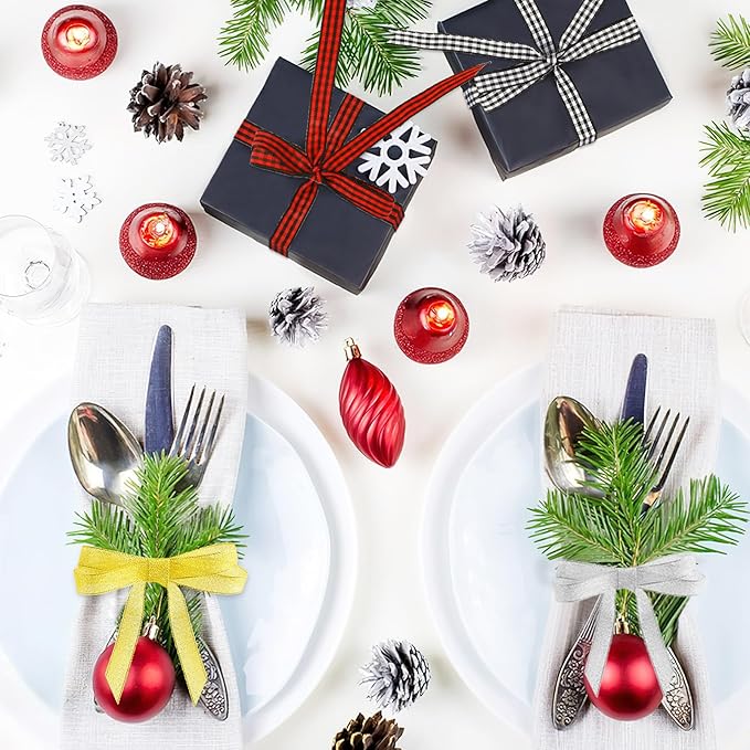 DECYOOL Christmas Ribbons, 4 Rolls 100 Yards Christmas Satin Ribbons 10mm Wide Holiday Craft Ribbons for Gift Wrapping and Xmas Decoration, Gold & Silver & Red Black Plaid & Black White Plaid