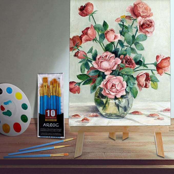 AROIC 96 PCS Painting Supplies Set with Easels, 8 PCS Wood Easels, 8 Packs of 80 Brushes with Nylon Brush Head and 8 PCS Palettes, Tabletop Wooden Art Easel for Kids & Adults Sip and Paint Party