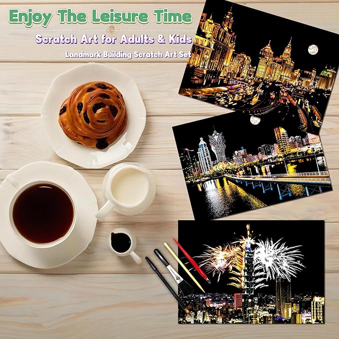 Scratch Art Painting Kit for Adults-8 Sheets A4 Rainbow Scratch Painting Paper Craft Set with City Landmarks|Stress Relief Gift for Travel&Craft Lovers|Scratch Art Home Decor(Asian Series)