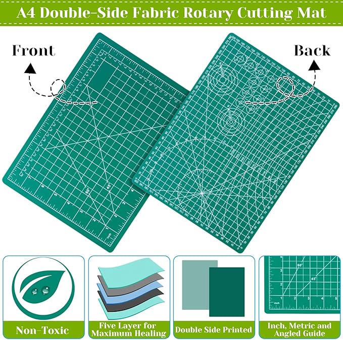 Rotary Cutter Set, Audab Self Healing Sewing Mats Rotary Cutter and Mat 45mm Rotary Fabric Cutter Set with 2 Blades Rotary Cutting Mat for Crafts Fabric Quilting Hobby (9" x 12" (A4))