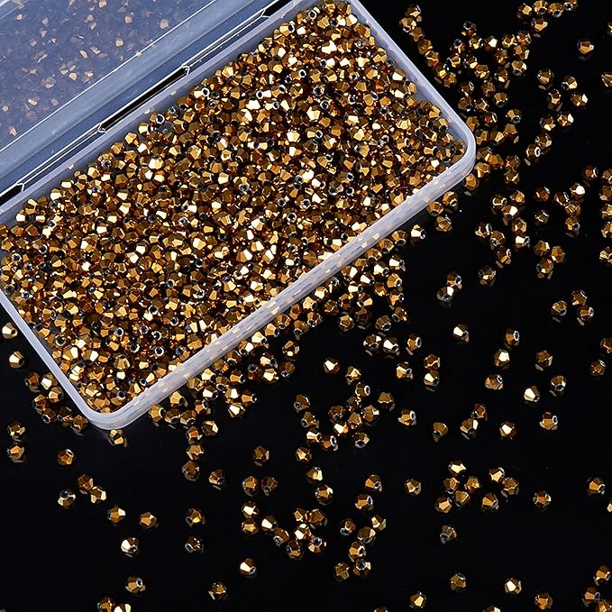 1100PCS 4mm Bicone Crystal Glass Beads for Jewelry Making, Sparkling Mini Beads for Suncatchers, DIY Bracelets & Craft Projects (Coffee Gold)