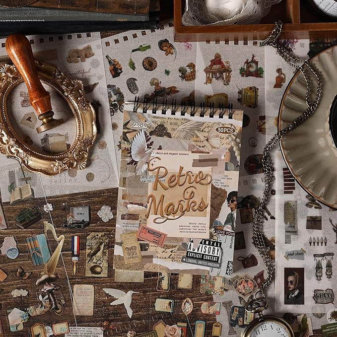 WCCH Vintage Scrapbook Sticker Supplies, 25 Sheets PET and 25 Sheets Washi Stickers, Over 800 Self-Adhesive Pre-Cut Stickers for Junk Journal, Bujo, Collage, Adult Crafts Arts, Letters DIY