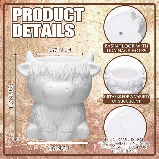 Beeveer 6 Pcs Ready to Paint Your Own Highland Cow Succulent Ceramic Pots Unpainted Ceramics Cartoon Cow Shaped Flower Pots DIY Kit Planter Container with Drainage Hole for Home and Office Decoration