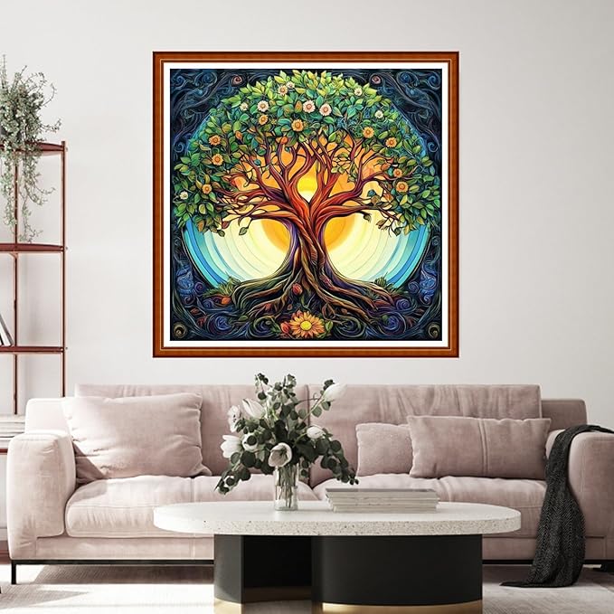 Funart Stamped Cross Stitch Kits for Beginners Full Range of Cross Stitching Preprinted Embroidery Kits for Adults, 11CT Embroidery Pattern Needlepoint Kits-Magic Tree 18x18 inch