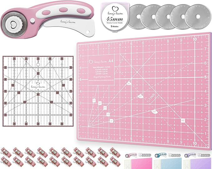 Rotary Cutter Set - Quilting Kit incl. 45mm Fabric Cutter, 5 Replacement Blades, A4 Cutting Mat, Acrylic Ruler and Craft Clips - Ideal for Crafting, Sewing, Patchworking, Crochet & Knitting (Pink, A4)