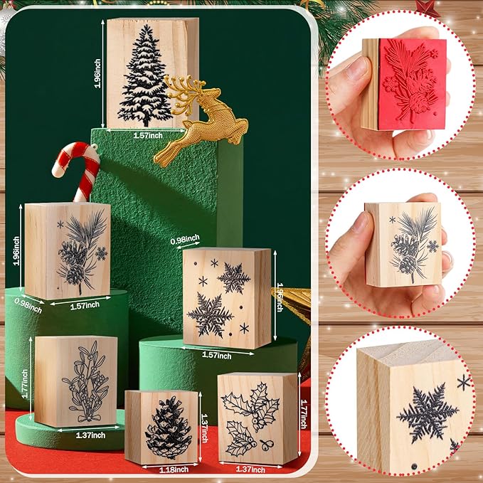 Watersay 6 Pcs Christmas Rubber Stamp Set Merry Christmas Wooden Rubber Stamp Snow Tree Stamps Vintage Wooden Rubber Art Stamps for Crafting and DIY Scrapbooking Card Making Hand Book(Pattern)
