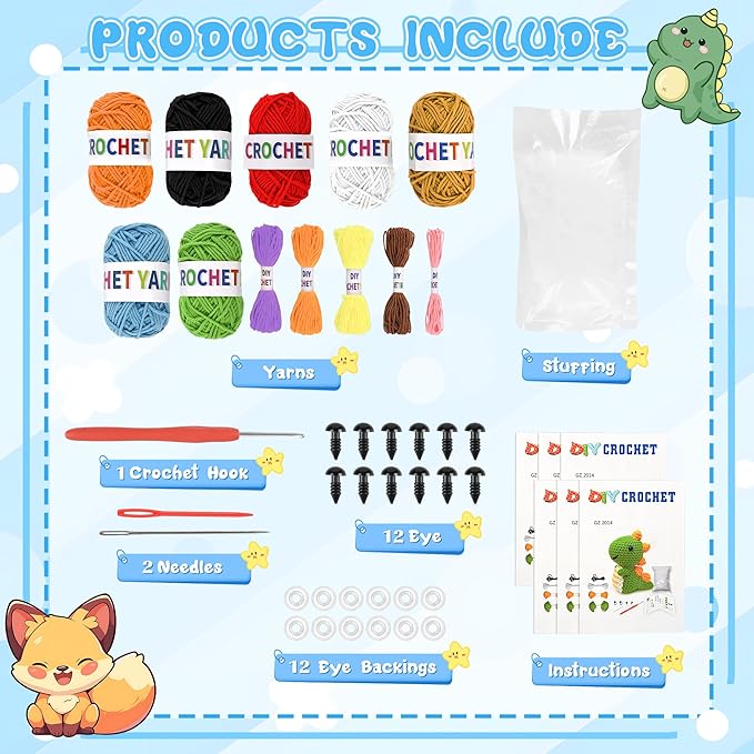 HUASHILUO 8Pcs Crochet Kit for Beginners, 2026 DIY Craft for Adults and Kids, Great Christmas Gift for Crochet Lovers, Crocheting Animal Kits with Step by Step Videos,Yarn,Crochet Hook