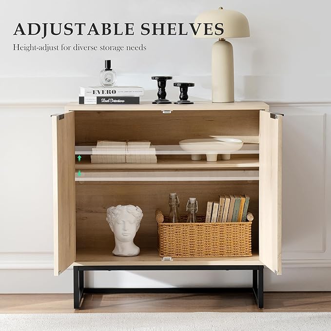 Fluted Storage Cabinet,Sideboard Buffet Cabinet with Adjustable Shelves,Multifunctional Console Table with Storage Credenza Accent Cabinet for Living Room, Dining Room, Hallway, Light Oak