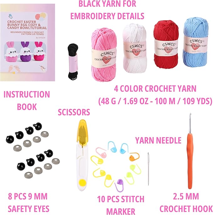 CSWCS Crochet Kit for Beginners - Easy Starter Crochet Kit for Adults, Amigurumi Craft Gifts with Yarn, Hook & Video Tutorial, Knitting & Crochet Supplies (Animal)