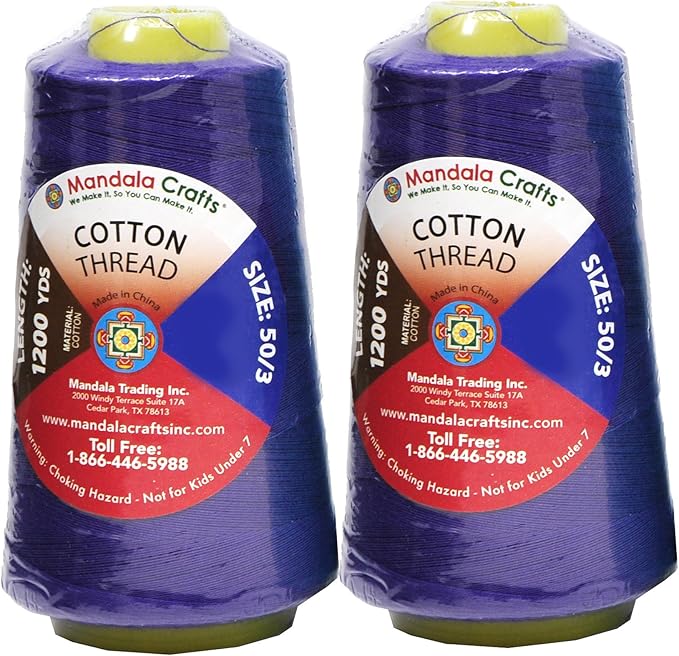 Mandala Crafts Violet Thread Cones for Machine and Hand Quilting - 2400 Yds 50 WT Multiple Purpose Mercerized 100% Cotton Threads for Sewing Machine Serger Embroidery