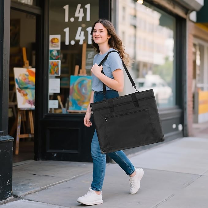 ZKOO Light Weight Art Portfolio Bag, 24x36 Artist Canvas Case with Detachable Shoulder Strap, Leather Corners, Art Portfolio Case for Artwork, Poster, Sketching, and Drawing (24" x 36" Black)