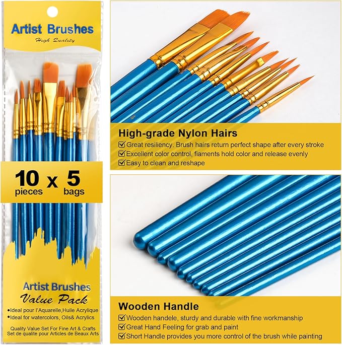 Acrylic Paint Brushes Set, 50Pcs Round Pointed Tip Artist Paintbrushes for Acrylic Painting Oil Watercolor Canvas Boards Rock Body Face Nail Art, Halloween Pumpkin Ceramic Crafts Supplies，Blue