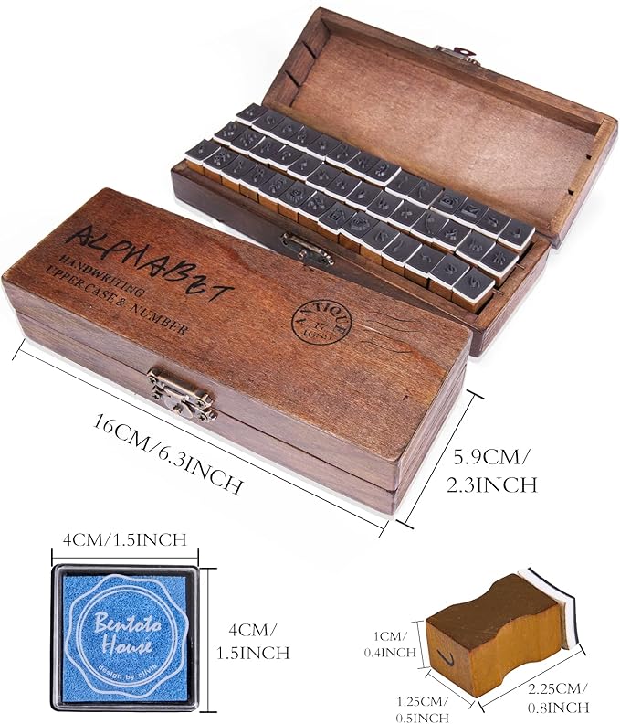 Rancco Alphabet Stamps for Crafts w/ 4 Ink Pad, 84 Pc Vintage Wooden Rubber Stamps w/Storage Box, 2 Set Mini Handwriting Number, Symbol & Letter Stamps for Gift Card Making, DIY Scrapbook, Clay Craft