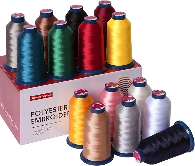 Richword Selected Embroidery Machine Thread Black White15 Colors 40WT (108D/2) Polyester Thread Kit Each Spool 4000M (4374Y) Suitable for Embroidery Machines