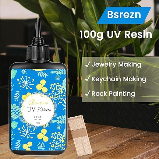 Bsrezn 100g UV Resin Hard with 8 Wooden Sticks Premixed Resina UV for Jewelry Making (100g x 1)