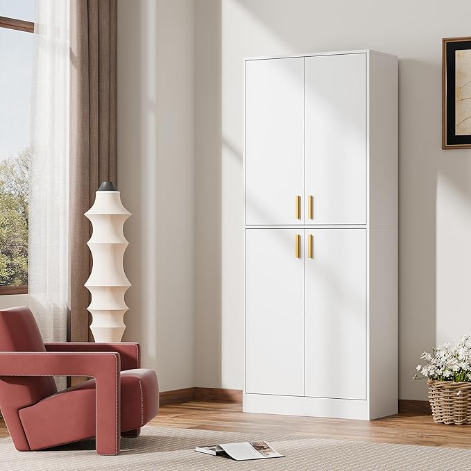 Cozy Castle Kitchen Pantry Cabinet, 71" Tall Wood Storage Cabinet with Doors and Shelves 4 Doors Freestanding Cupboard for Dining Room Living Room Bathroom Furniture, White