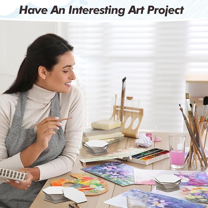 Engrowtic 50 Pcs Magnetic Painting Canvas Panel Mini Canvas Boards for Painting Mini Tile Art for Fridge Locker Art Crafts DIY(4 in,Regular Hexagon)