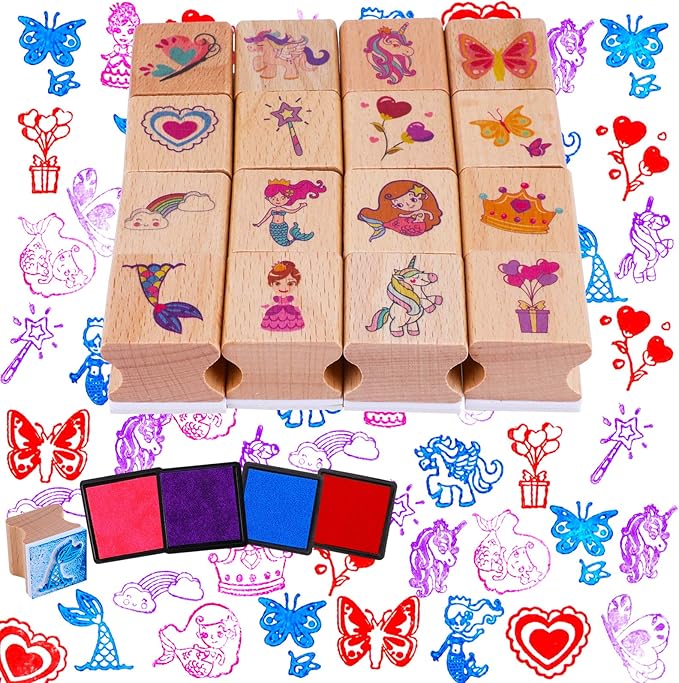 HOWAF 16pcs Wooden Stamps for Crafts - Mermaid, Princess, Heart, Butterfly Stamps with 4pcs Ink Pad - Unicorn, Rainbow, DIY Scrapbook Card Making, Party Bag Fillers, Gift Essentials for Kids