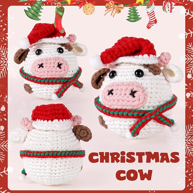 CrochetBox Crochet Kit for Beginners Adults - Christmas Cow Starters Crochet Kit, Beginners Crocheting Kitting for Adults Teen, Craft Gifts with Crochets Yarns, Hook, Step-by-Step Video, Instruction
