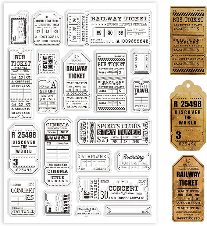 GLOBLELAND Retro Travel Ticket Clear Stamps for Cards Making Vintage Movie Ticket Background Clear Stamp Seals 5.83x8.27inch Transparent Stamps for DIY Scrapbooking Photo Album Journal