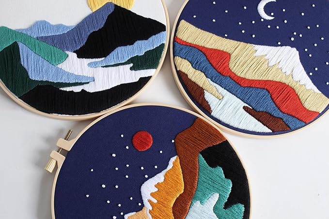 Konrisa Embroidery Kits for Adults Beginner Landscape Painting Pattern Stamped Embroidery Starter Kit DIY Sewing Needlepoint Cross Stitch Practice Kit,Set of 3