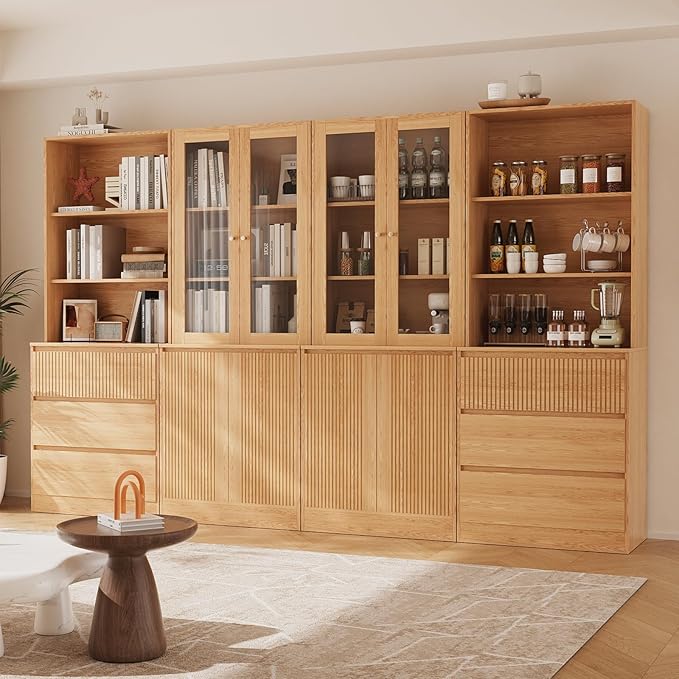 TUSY 71'' Freestanding Tall Storage Cabinet, 5 Tier Wood Bookcase with 3 Drawers and 2 Tempered Glass Doors (AB)