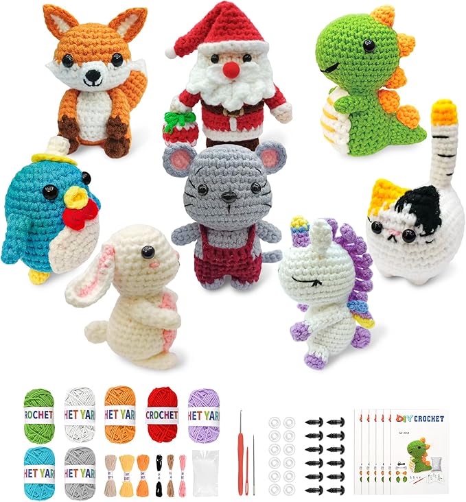HUASHILUO 8Pcs Crochet Kit for Beginners, 2026 DIY Craft for Adults and Kids, Great Christmas Gift for Crochet Lovers, Crocheting Animal Kits with Step by Step Videos,Yarn,Crochet Hook