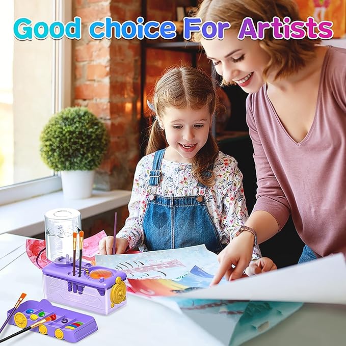 Paint Brush Cleaner with Paint Tray, Water Circulation Brush Rinser with Brush Holder, Watercolor/Oil and Water-Based Paint Brush Cleaner Tool, 400ml Capacity, Train Design, Gift for Artist Beginners