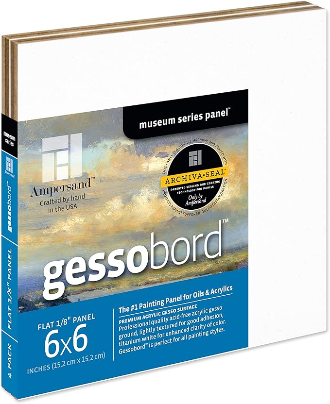 Ampersand Art Supply Gesso Wood Painting Panel: Museum Series Gessobord, 6" x 6", 1/8" Flat Profile, Pack of 4
