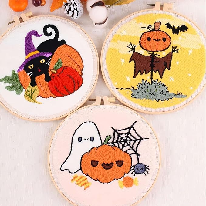 DCCQ Punch Needle Kits Adults Beginner，Cute Cartoon Pumpkin Pattern with Hoop Embroidery Punch Needle Starter Craft Set Easy for Adults，Children and Halloween Gifts、Decoration