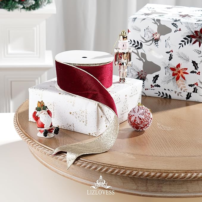 Burgundy Velvet Wired Ribbon with Glitter Back 2.5 Inch Burgundy and Gold Christmas Ribbon Wired Ribbon for Christmas Tree, Gift Wrapping, Mantel, Wreaths Supplies, Topper Bows (10 Yards)