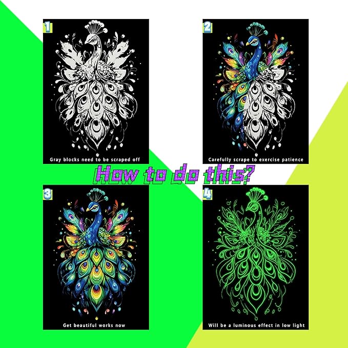 Scratch Paper Art for Adults-Glow in The Dark Scratch Painting Craft Kit (8 Sheets A4)|Foil Engraving Art Set|Stress Relief Gift for Craft Lovers|Creative Scratch Art Home Decor(Butterfly&Peacock)‌