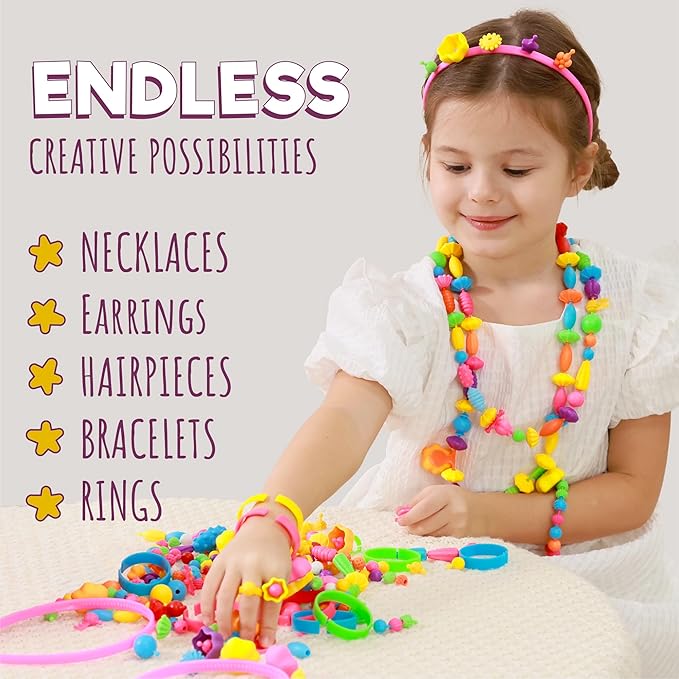 Orian Pop Beads Jewelry Making Kit for Girls – Extra-Large 850+ Piece Set with Hairbands, Bracelets & Rings – Snap Beads for Kids Ages 3+, DIY Jewelry Kit with Unicorn Gift Bag & XL Storage Case