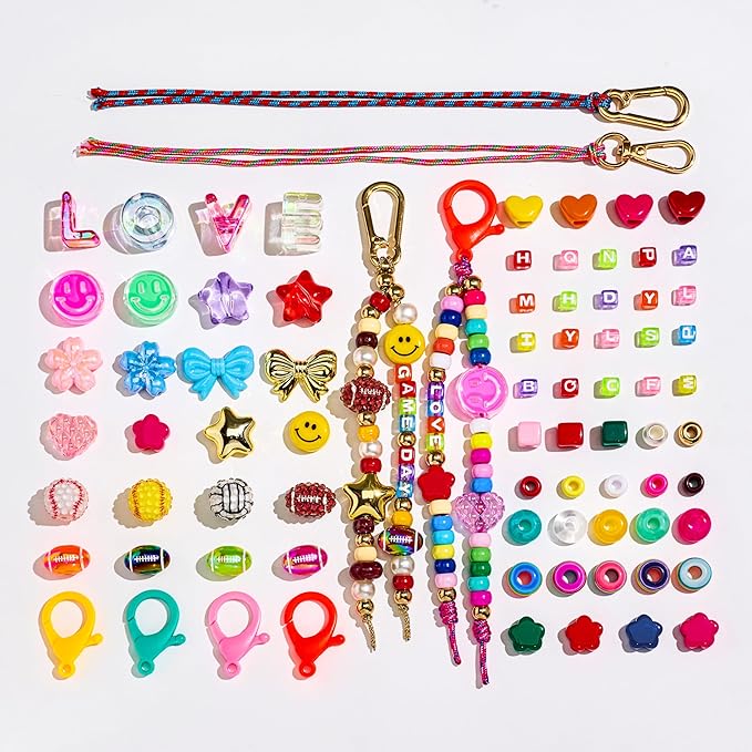 304PCS Beads Keychain Making Kit , Acrylic Colorful Letter Star Smile Bow Football Baseball DIY Supplies Crafts Key Chain Bag Charm Accessoriess Jewerly Making Kit for Girls Boys Kids Women